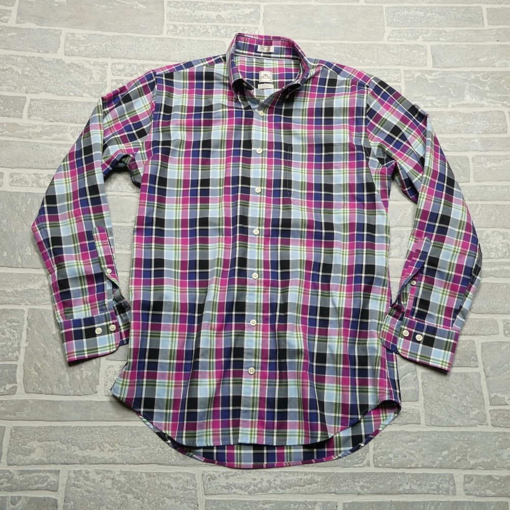 Peter Millar Nanoluxe Shirt Men's Medium Pink Blue Plaid Button Up Cotton‎ Dress